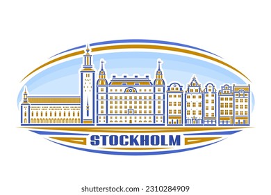 Vector illustration of Stockholm, horizontal oval label with linear design historic stockholm city scape on day sky background, urban line art concept with decorative lettering for blue text stockholm