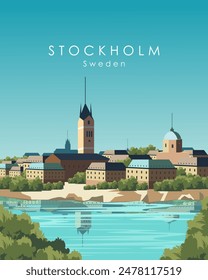 Vector illustration. Stockholm, Sweden. Poster design, vertical banner, postcard, cover. Modern design. Trips.