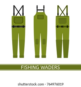 Vector illustration of stockingfoot fishing waders isolated on white background. Waterproof hunting clothing in flat style.