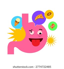 vector illustration of  stomach character feeling dizzy and obsessed with junk food. Concept of junk food addiction, unhealthy eating habits, food cravings, overeating, disrupted hunger signals