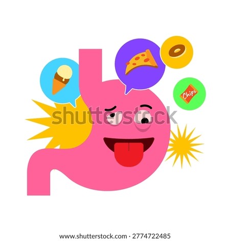 vector illustration of  stomach character feeling dizzy and obsessed with junk food. Concept of junk food addiction, unhealthy eating habits, food cravings, overeating, disrupted hunger signals