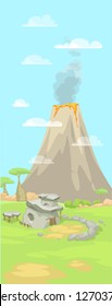 vector illustration of stone age, prehistoric landscape, volcano, Vulcan, cave