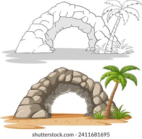 Ilustración vectorial de un arco de piedra y palmera.
