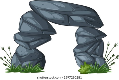 Vector illustration of a stone arch surrounded by grass, showcasing a natural and balanced composition with earthy tones
