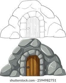 Vector illustration of a stone archway with a wooden door, showcasing detailed textures and shading in a cartoon style
