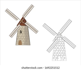 Vector illustration of a stone mill in color and black and white on a white background. Template for design.