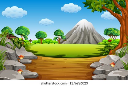 vector illustration of the stone montain with the big stone and tall tree