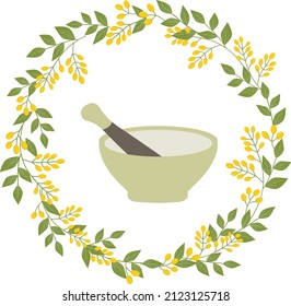 Vector illustration of stone mortal and pestle in botanical herbal wreath with yellow berries. Alternative medicine ayurveda face skin care natural cosmetics spa wellness concept