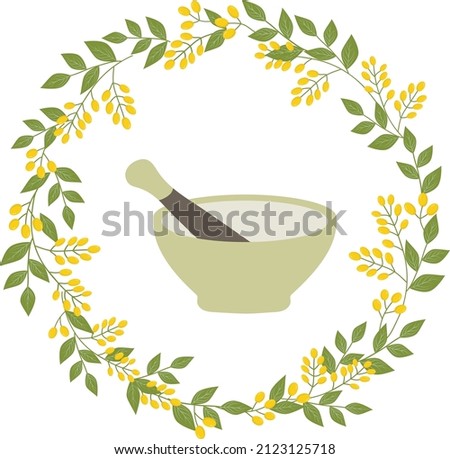 Vector illustration of stone mortal and pestle in botanical herbal wreath with yellow berries. Alternative medicine ayurveda face skin care natural cosmetics spa wellness concept