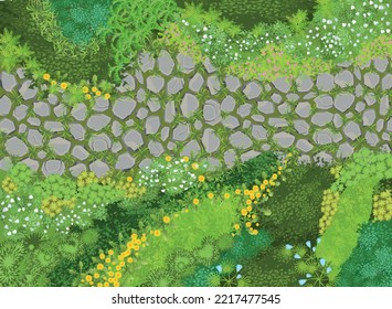 Vector illustration. Stone path in the garden with flowers. Top view. Park landscape with various plants. View from above.