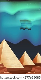 Vector illustration of stone pyramids in a desert landscape under glowing northern lights and stars