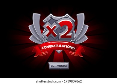 Vector illustration of a stone shield and congratulation with a bonus. Number bonus for the winner.