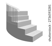 Vector illustration of stone stairs with metal railings. Minimalist grey spiral staircase isolated on a white background