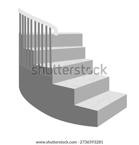 Vector illustration of stone stairs with metal railings. Minimalist grey spiral staircase isolated on a white background