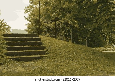 Vector illustration of stone steps on a small grassy knoll.Iron railing on the side of the stairs.Decoration of the castle garden. Sky and mountains in the background.Grass and trees around the stairs