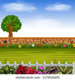 vector illustration of the stone wall with the tall tree and flowers