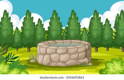 Vector illustration of a stone well in a forest.