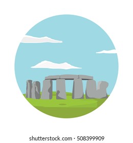 Vector illustration Stonehenge ancient rock, monument. Stonehenge heritage tourism, prehistoric religious landmark architecture. England UK historical monument .