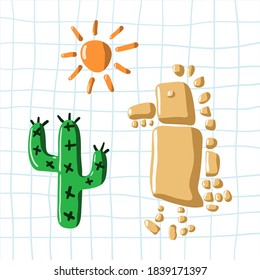 Vector Illustration With Stones Dinosaur, Cactus, Sun. Funny Stone Age Dino Design On Quad Ruled Paper Background. Childish Eps Artwork In Green, Orange, Send Colors For Kid Card, Invitation, Poster