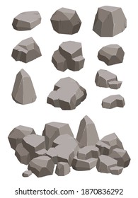 Vector Illustration. Stones of various shapes. Rocks and debris of the mountain. Rock stone set cartoon.Stone shard. A block of stones. Set boulders of various shapes.