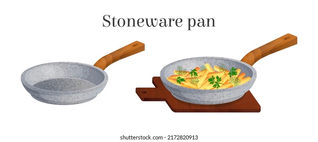 Vector illustration with stoneware pans full of fried potatoes and empty. Concept kitchen utensils, for example, used for cooking on a stove. You can use in web design, postcards, etc.