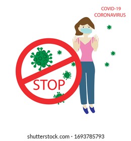 Vector illustration Stop COVID-19 design on white background, Women wearing protective Medical mask for prevent virus Wuhan Covid-19.