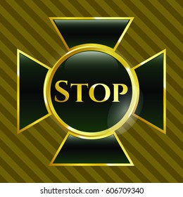 Vector illustration of Stop gold badge in black
