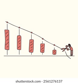 vector illustration of stop loss in stocks market, cut loss trading market, lose out, red graphic with man cutting line with scissor 