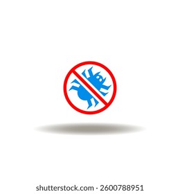 Vector illustration of stop sign with spider or bug. Symbol of digital threats. Icon of pest control. Pictogram of no or stop pests.