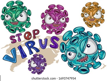 Vector illustration Stop viruses from outer space With bright colors and many colors With a world map in the background