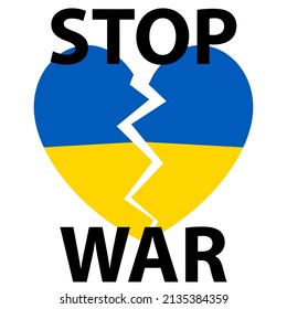 Vector illustration of Stop War concept with broken heart in colors of Ukraine flag. 