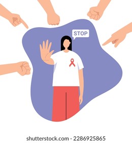 Vector illustration of stopping AIDS. A cartoon scene with a girl with a red ribbon, a symbol of the fight against AIDS, with a stop hand sign and peoples hands around it on a white background.