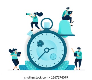 vector illustration of stopwatch for competition and working interval. bell notification apps for scheduling and planning. women and men workers. designed for website, web, landing page, apps, poster