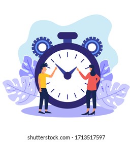 Vector illustration, stopwatch young man and woman with white background, express service, time management concept, fast reaction.