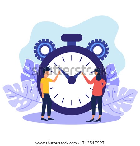 Vector illustration, stopwatch young man and woman with white background, express service, time management concept, fast reaction.