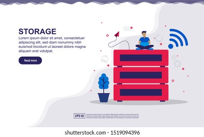 Vector illustration of storage & big data concept with tiny people. Illustration for landing page, social media content, advertising. easy to edit and customize.