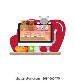 Vector illustration of storage organization blog. Video channel showing how organize space in kitchen. Cat watching food in computer screen. Concept design of smart storage organization in flat style