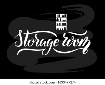 Vector illustration of storage room lettering for banner, poster, logo, advertisement, price list, web design. Handwritten text for template, signage, billboard, print, flyer of furniture shop
