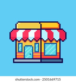 Vector Illustration of store building with Pixel Art Design, perfect for game assets themed designs