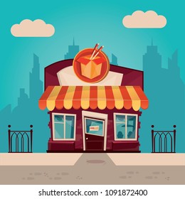 Vector illustration of  store building of wok shop 
