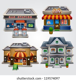 Vector illustration of store, gas station, cafe, fast food and house