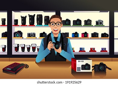 A vector illustration of store owner in a camera store