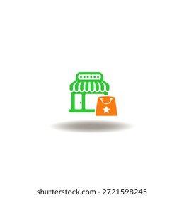 Vector illustration of store and shopping bag with star. Symbol of e-commerce and marketing. Icon of shop feedback.