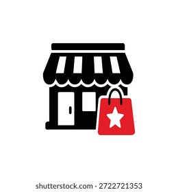 Ilustración vectorial de tienda y bolso de compras con estrella. Símbolo del comercio electrónico y el marketing