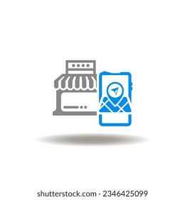 Vector illustration of store and smartphone with map, location pointer. Icon of local seo. Symbol of marketplace delivery service. Sign of online commerce.
