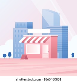 Vector illustration of storefront and buildings.
