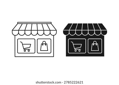 Vector illustration of a storefront with two display windows. One window shows a shopping cart icon, the other a shopping bag icon. Flat design style.