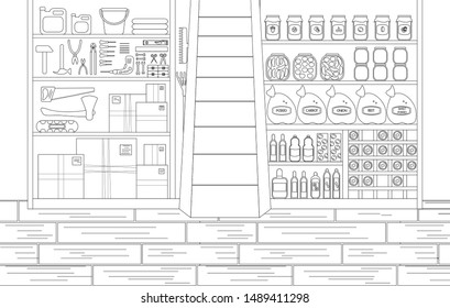Vector Illustration of Storeroom in Outline Style. Working Place with Tools in Left Side and Canned Food and Wine in Other Side. Linear Sketch of Cellar Interior Room. Concept Design of Basement