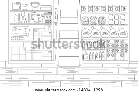 Vector Illustration of Storeroom in Outline Style. Working Place with Tools in Left Side and Canned Food and Wine in Other Side. Linear Sketch of Cellar Interior Room. Concept Design of Basement