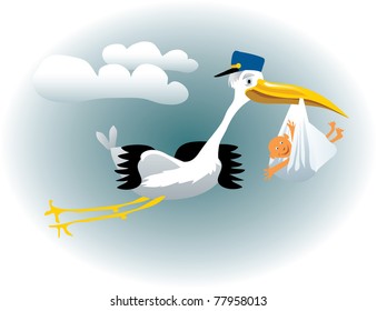 vector illustration of the stork with baby